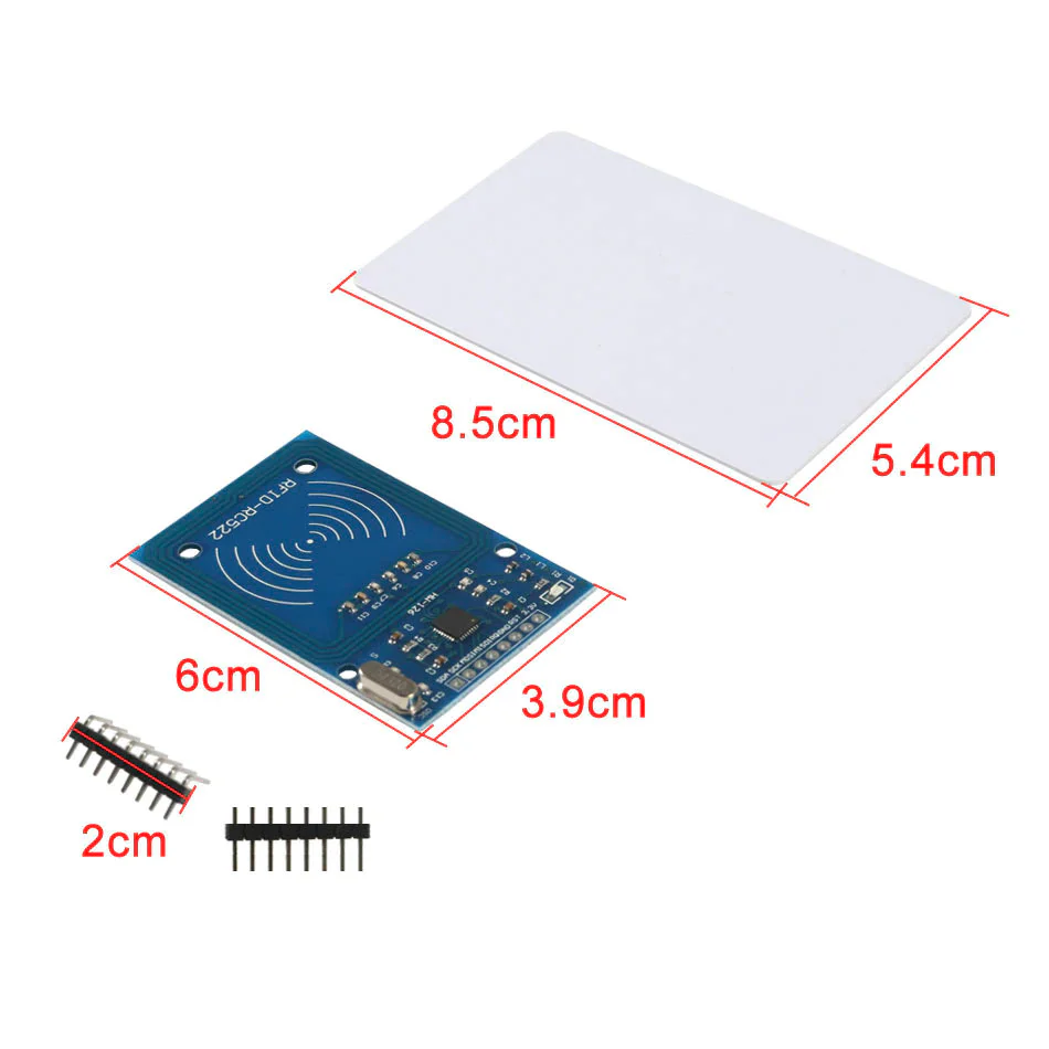 Vue du module RFID RC522 avec accessoires compatibles Arduino et ESP32